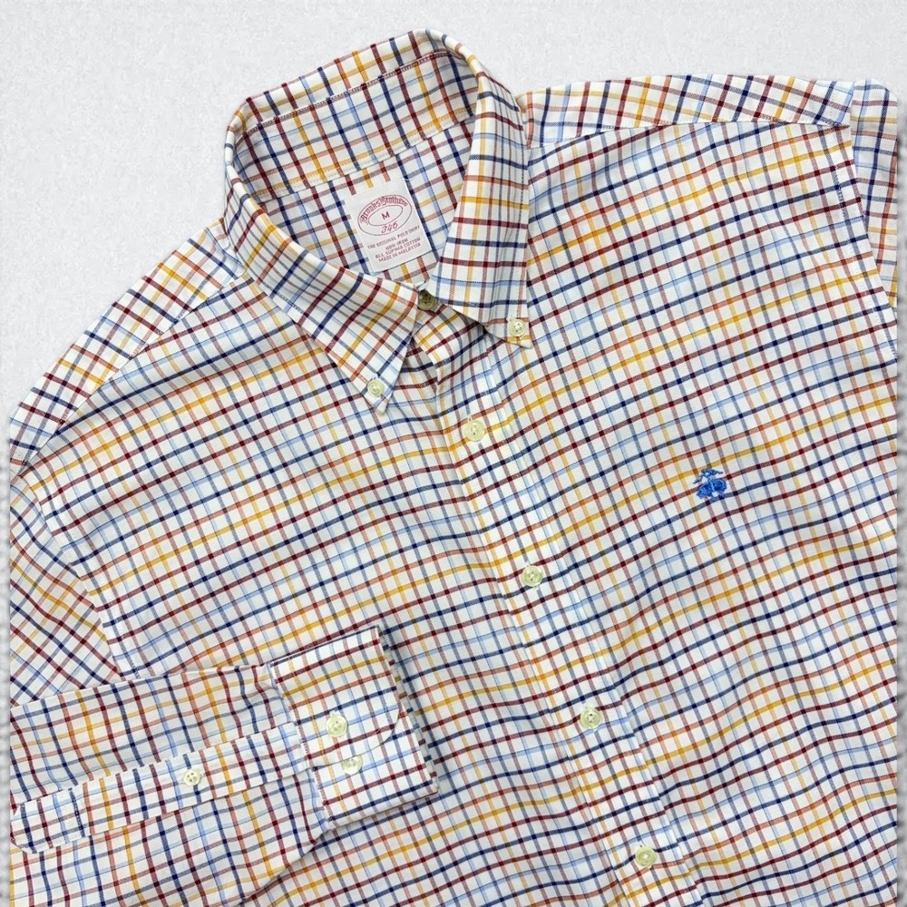 Brooks Brothers 346 OCBD Shirt Mens M White Multi Tattersall Plaid Non-Iron